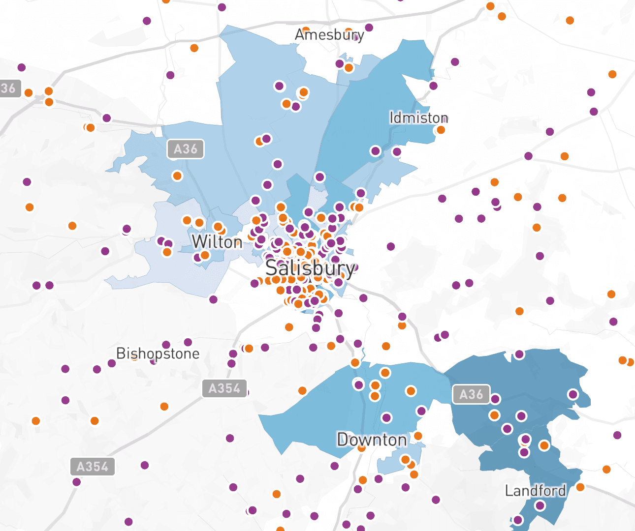 The demo school's map cropped to a 20 minute drive time catchment.