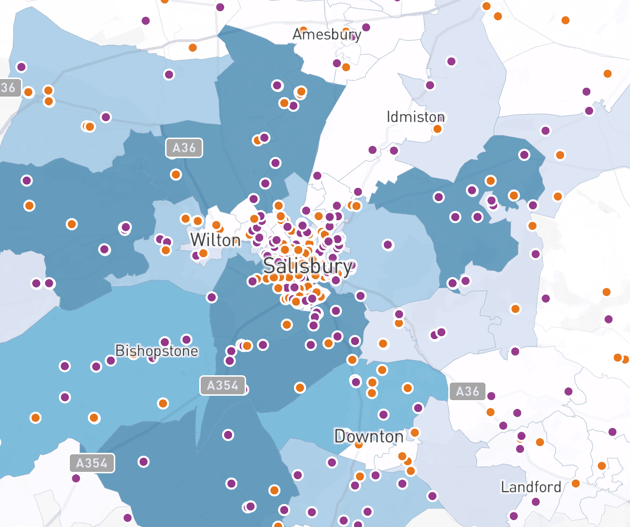 The School footprint layer over the demo school's catchment: neighbourhoods shaded by their pupils over ten years, with those that had none left unshaded.