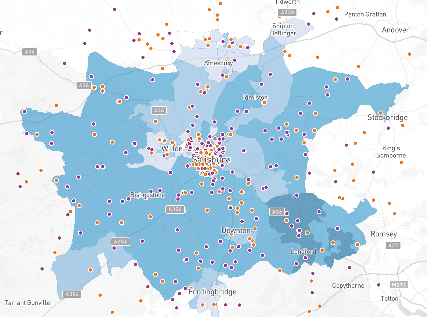 The Recruitment index shaded over the demo school's catchment.