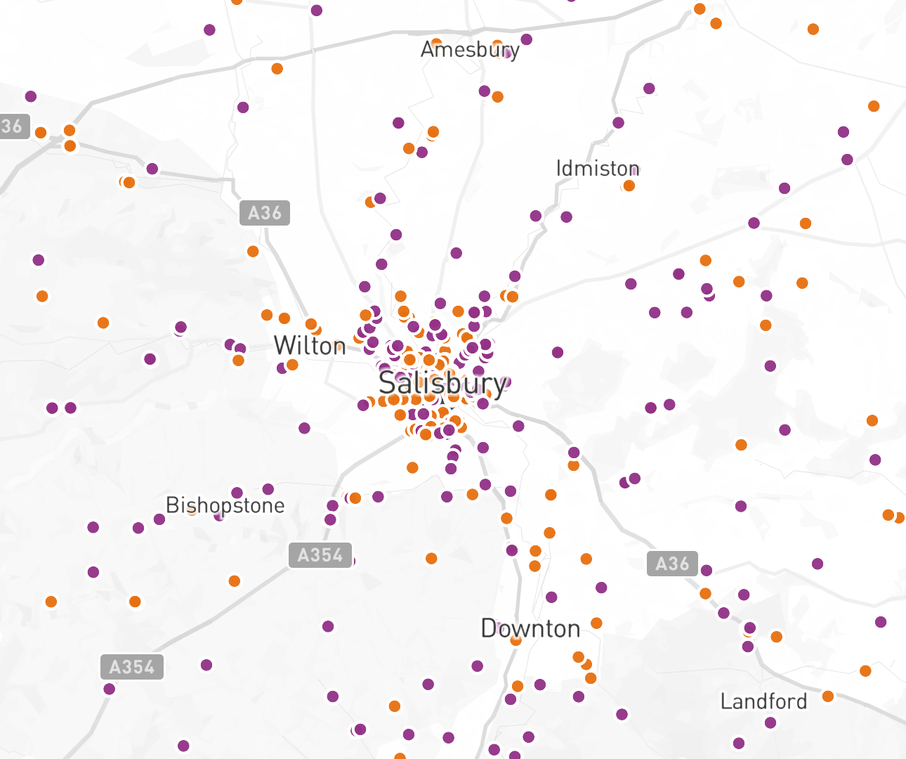 The demo school's pupils in one academic year plotted on the map, coloured by stage.