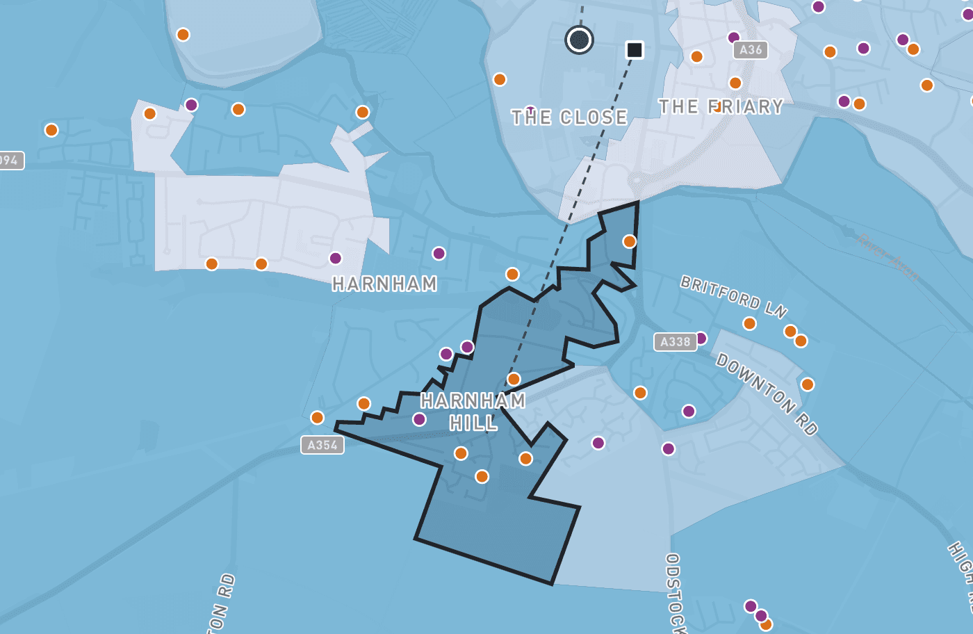 Rival schools for a neighbourhood on the demo school's map, with one school shown on the map.