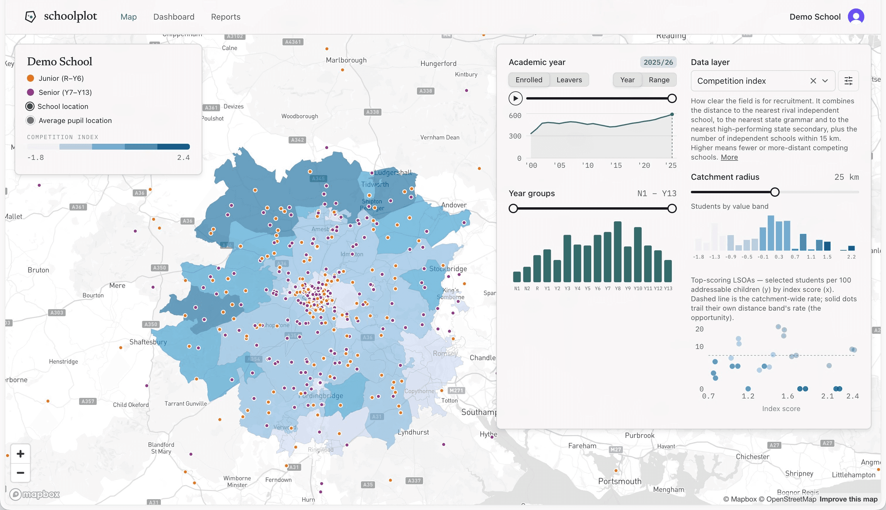 Schoolplot map view for Demo School — pupils plotted over the Competition index